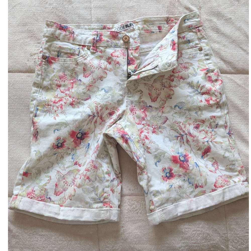 Code Bleu Soho Bermuda Floral Denim Shorts Womens 8 White Pink Cuffed 9 Inseam